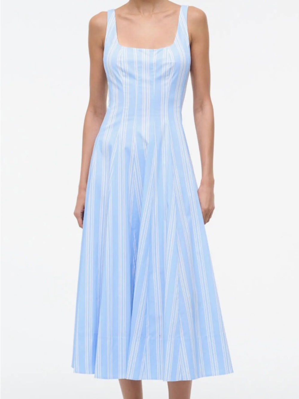 STAUD Light Blue and White Striped Scoop-Back Midi Dress